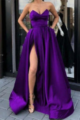 Sweetheart Strapless Sleeveless Long Evening Formal Dress Purple Prom Dress Split With Pockets
