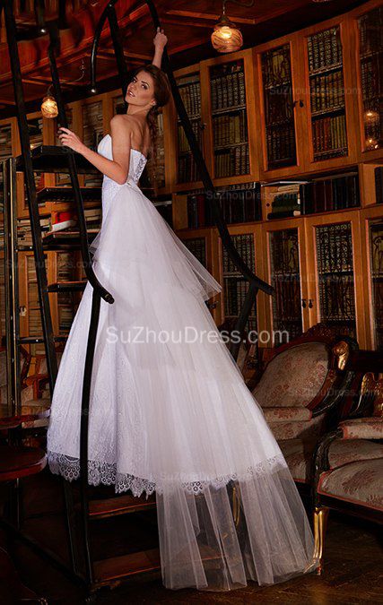 Sweetheart White Lace Wedding Dresses A-line Floor Length Crystals Bridal Gowns