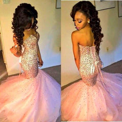 Sweetherat Crystal Mermaid Lace-Up Evening Gown with Beadings Latstst Pink Prom Dress
