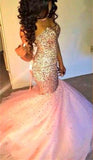 Sweetherat Crystal Mermaid Lace-Up Evening Gown with Beadings Latstst Pink Prom Dress