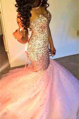 Sweetherat Crystal Mermaid Lace-Up Evening Gown with Beadings Latstst Pink Prom Dress