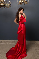 Taffeta V Neck Ruby Backless Satin Mermaid Prom Dresses With Bow