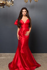 Taffeta V Neck Ruby Backless Satin Mermaid Prom Dresses With Bow