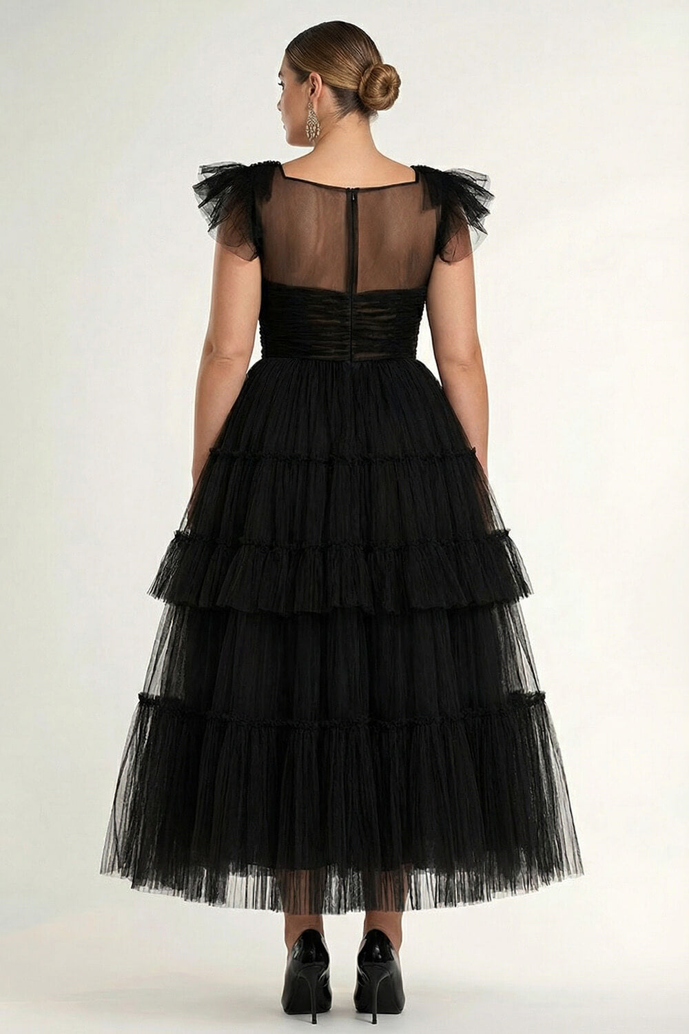 Tea Length Black Wedding Guest Dress A-Line Flatter Sleeves Tulle Formal Dress With Ruffles