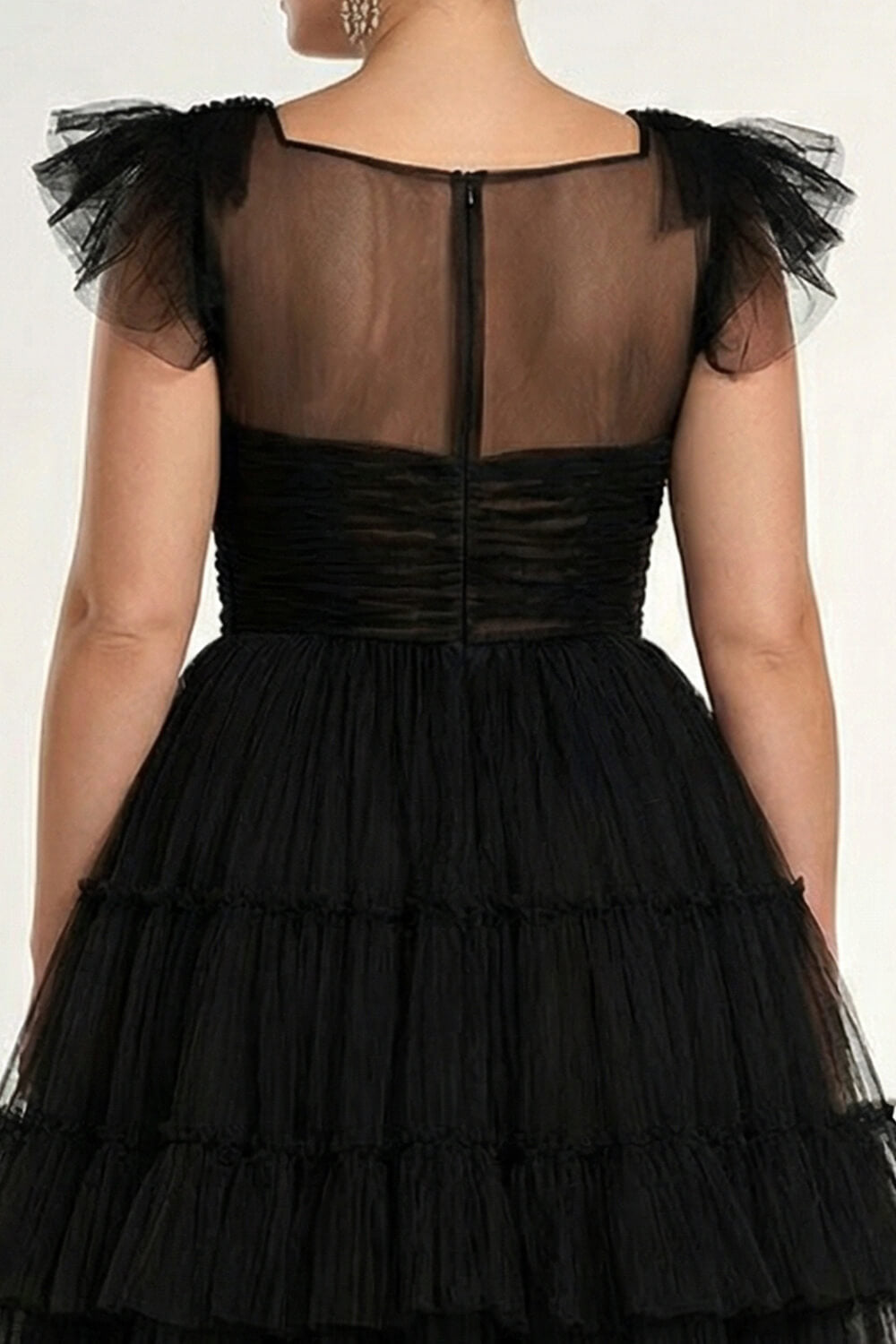 Tea Length Black Wedding Guest Dress A-Line Flatter Sleeves Tulle Formal Dress With Ruffles
