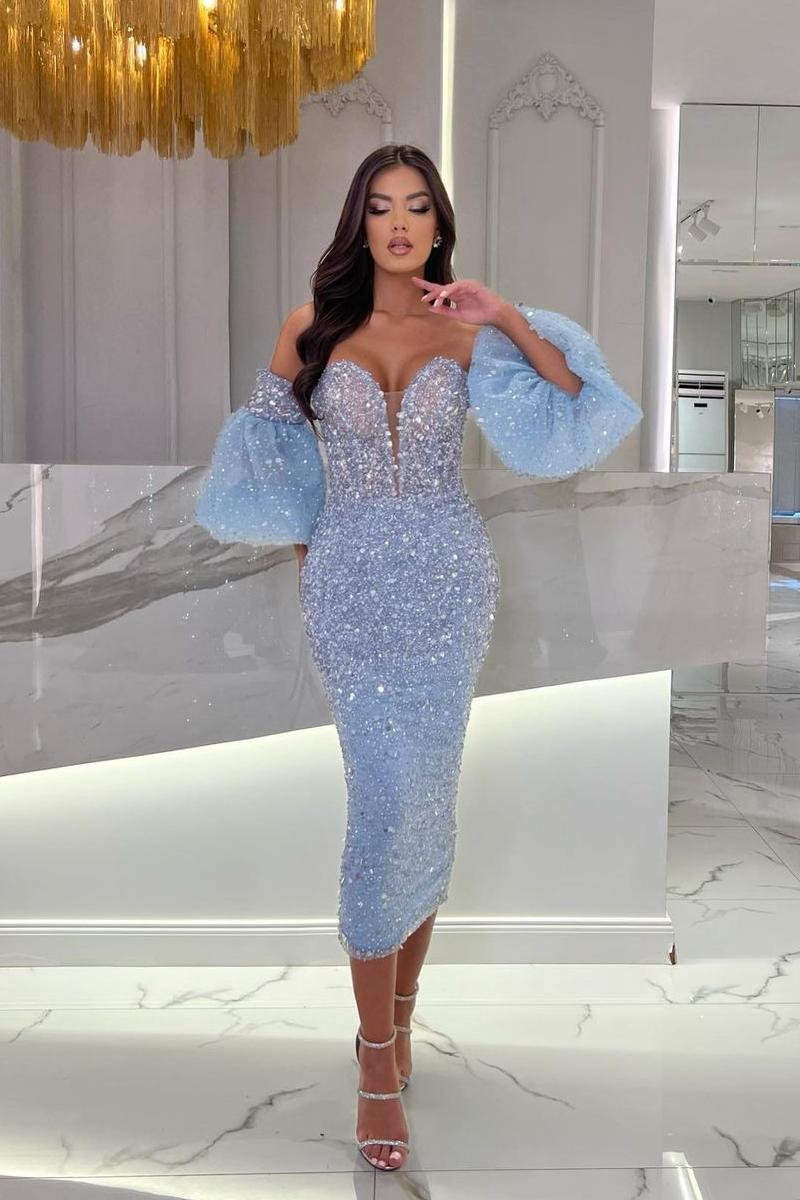 Tea Length Light Blue Prom Dress Beaded Evening Formal Dress Sequined With Puffy Sleeves