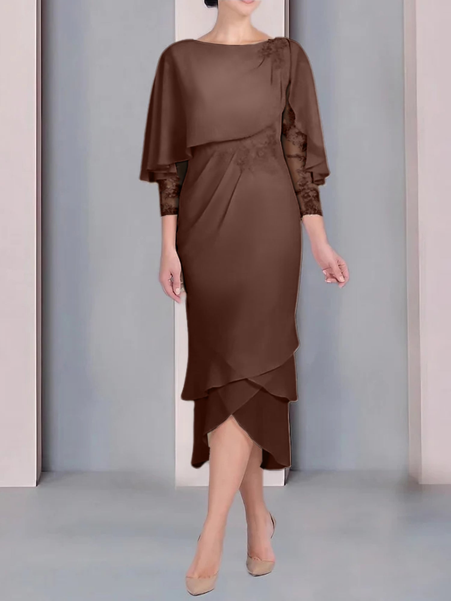 Tea Length Mother of the Bride Dress with Scoop Neck Short Sleeves and Appliqued Lace