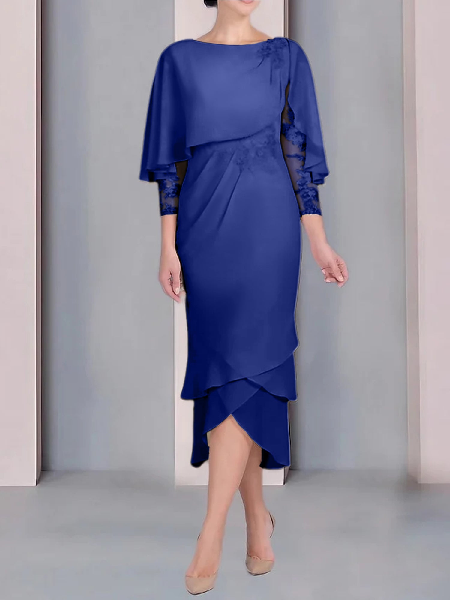 Tea Length Mother of the Bride Dress with Scoop Neck Short Sleeves and Appliqued Lace