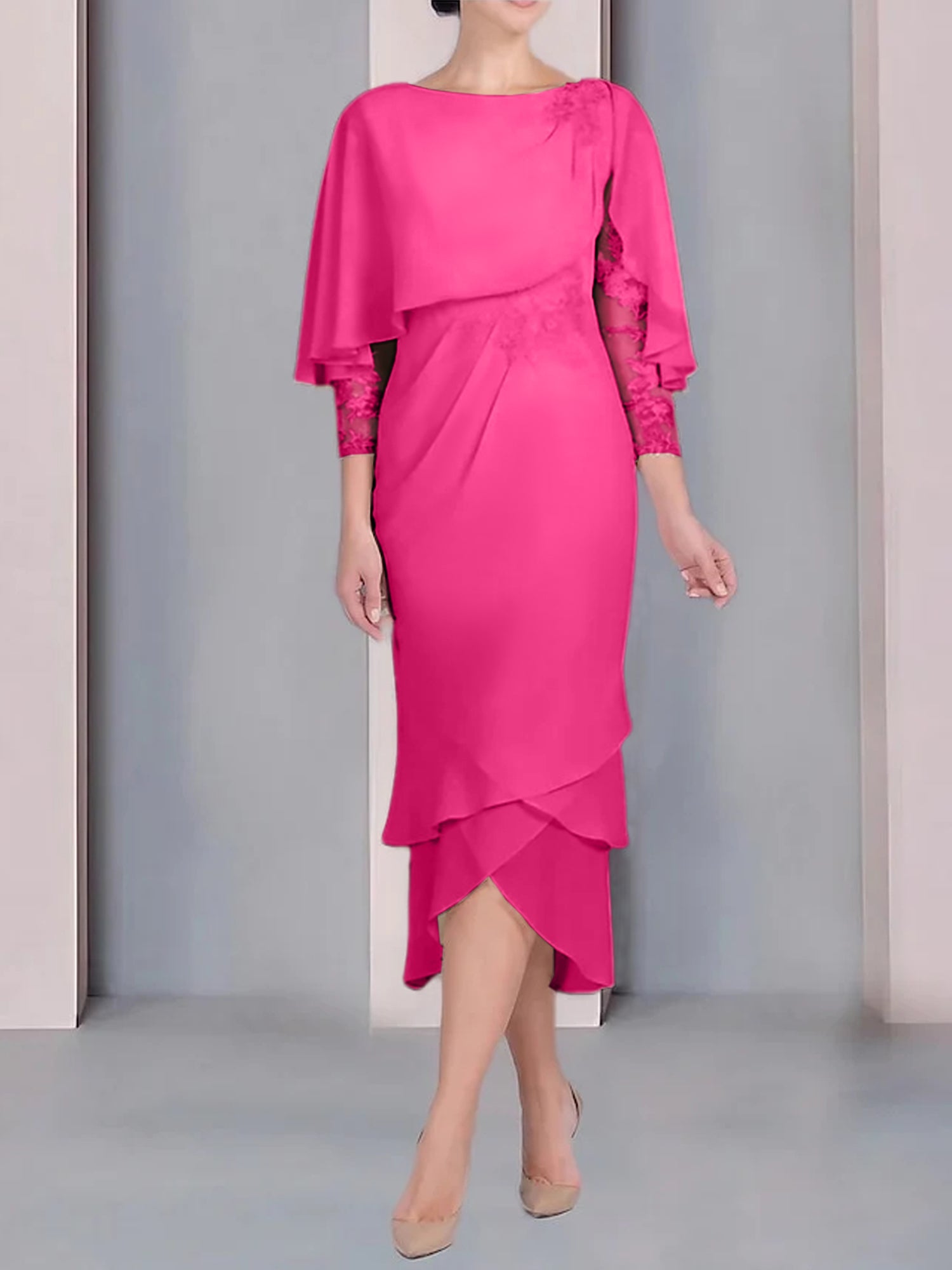 Tea Length Mother of the Bride Dress with Scoop Neck Short Sleeves and Appliqued Lace