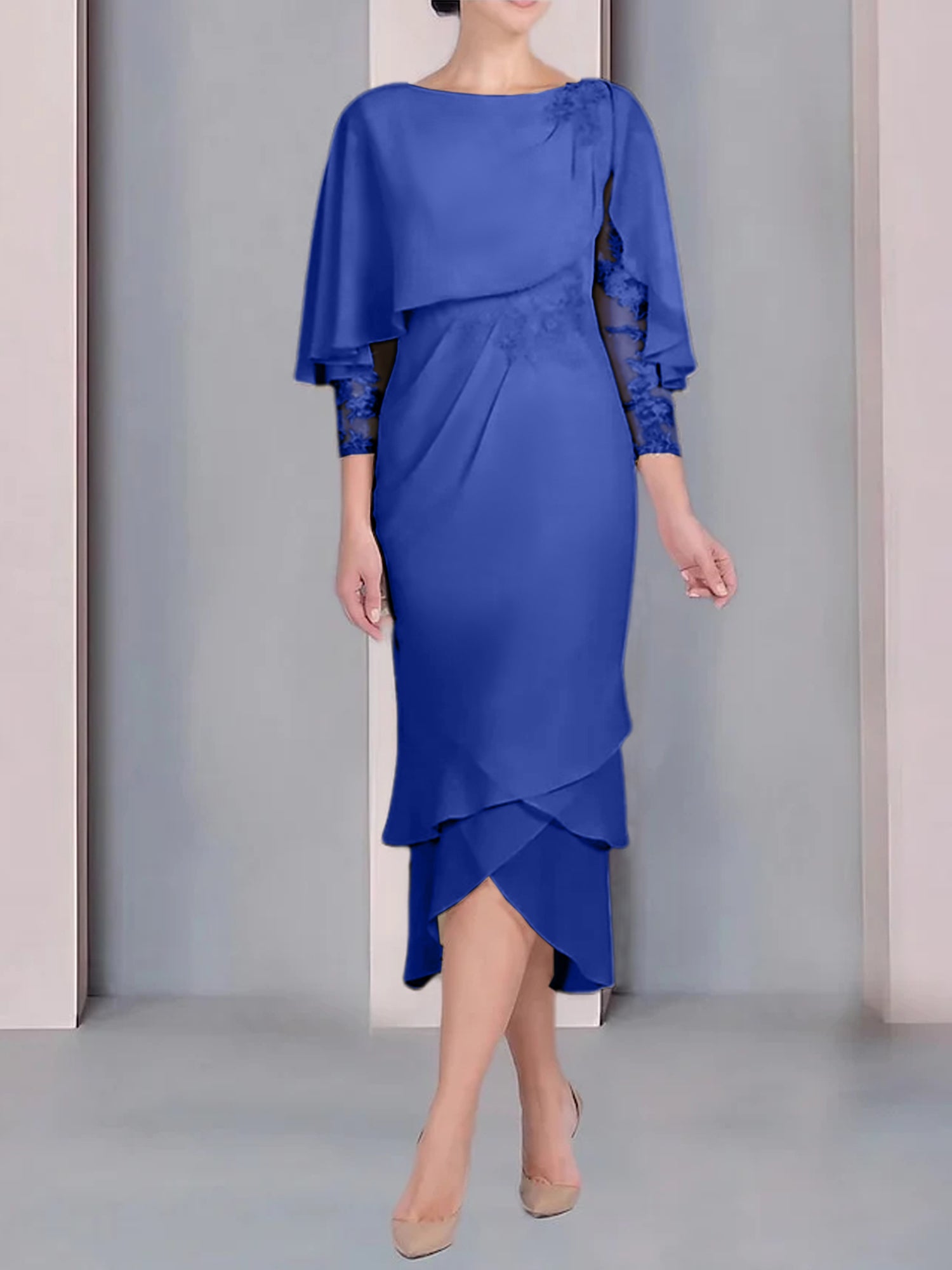 Tea Length Mother of the Bride Dress with Scoop Neck Short Sleeves and Appliqued Lace