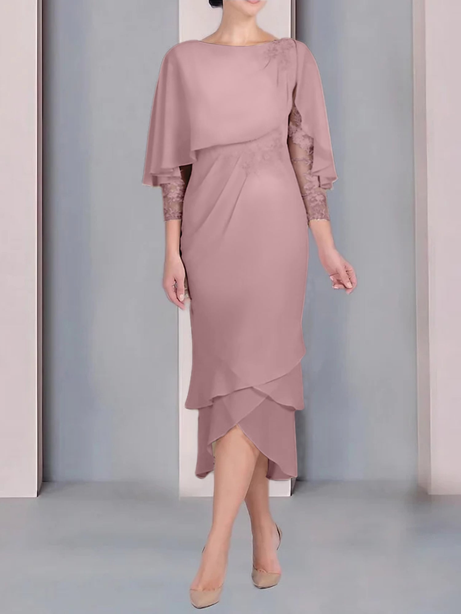 Tea Length Mother of the Bride Dress with Scoop Neck Short Sleeves and Appliqued Lace