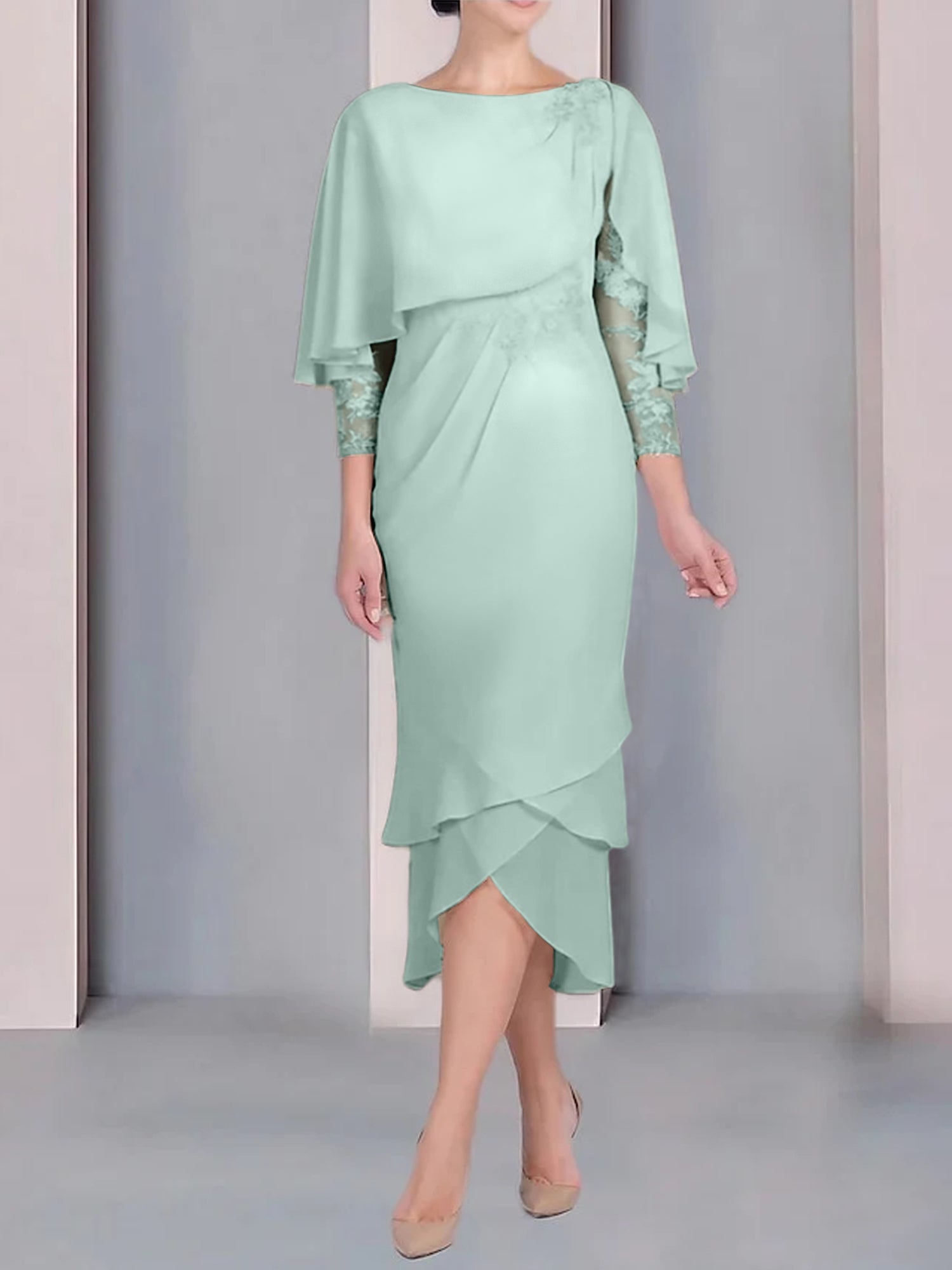 Tea Length Mother of the Bride Dress with Scoop Neck Short Sleeves and Appliqued Lace
