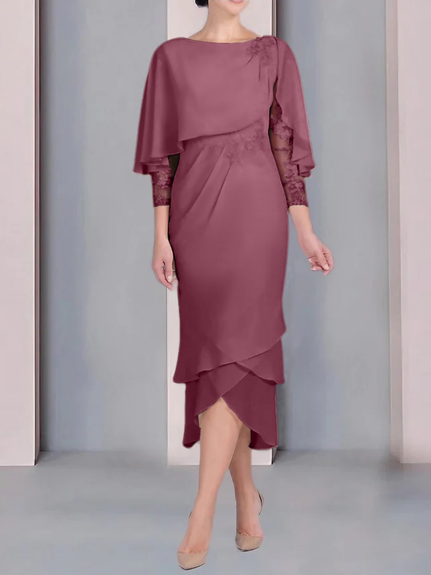 Tea Length Mother of the Bride Dress with Scoop Neck Short Sleeves and Appliqued Lace