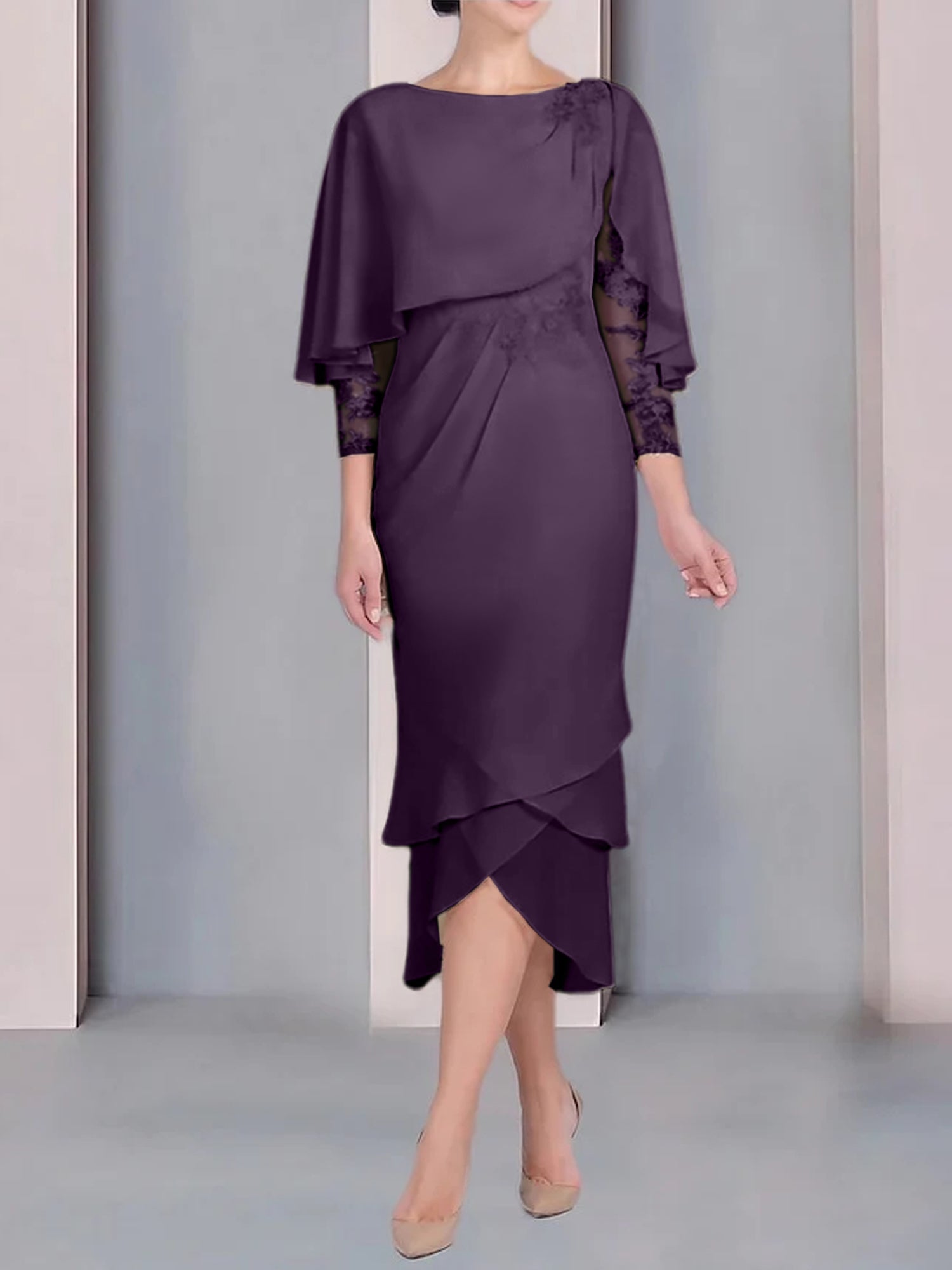 Tea Length Mother of the Bride Dress with Scoop Neck Short Sleeves and Appliqued Lace