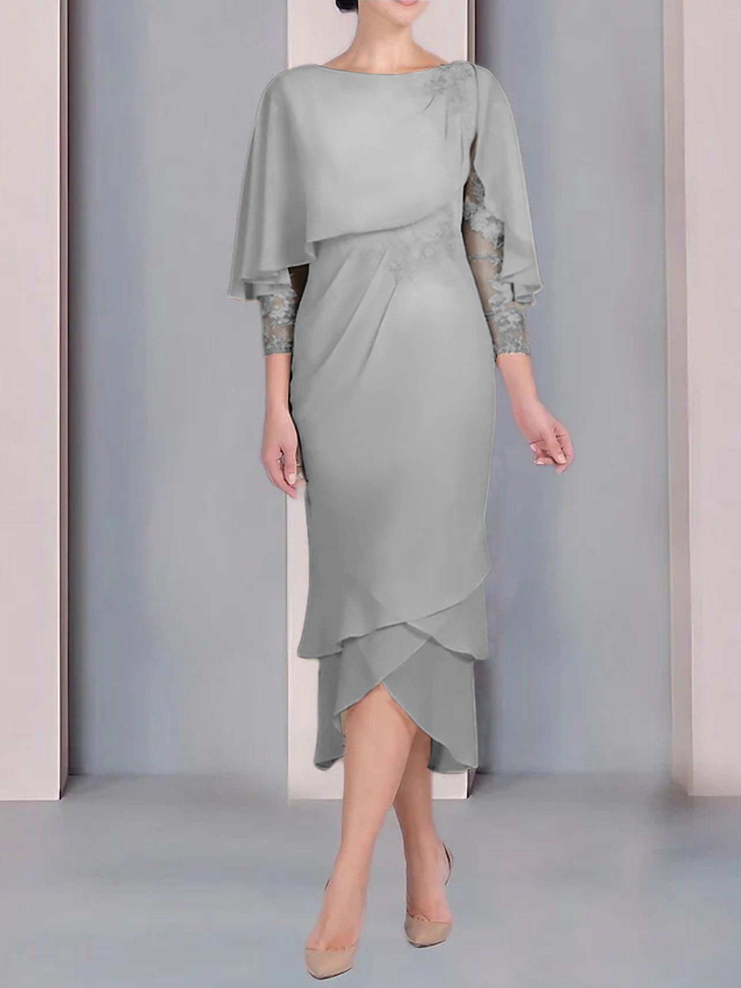 Tea Length Mother of the Bride Dress with Scoop Neck Short Sleeves and Appliqued Lace