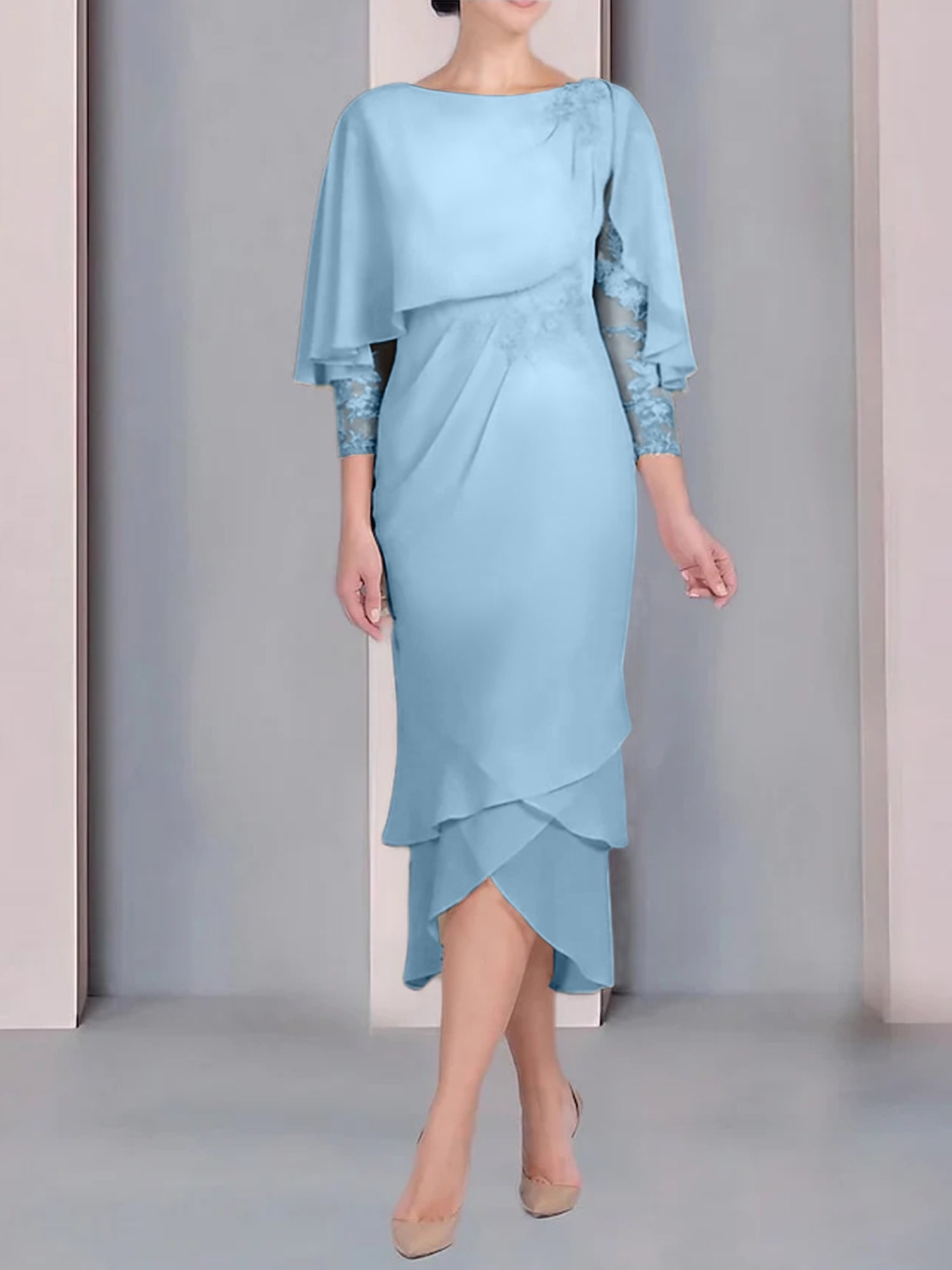 Tea Length Mother of the Bride Dress with Scoop Neck Short Sleeves and Appliqued Lace