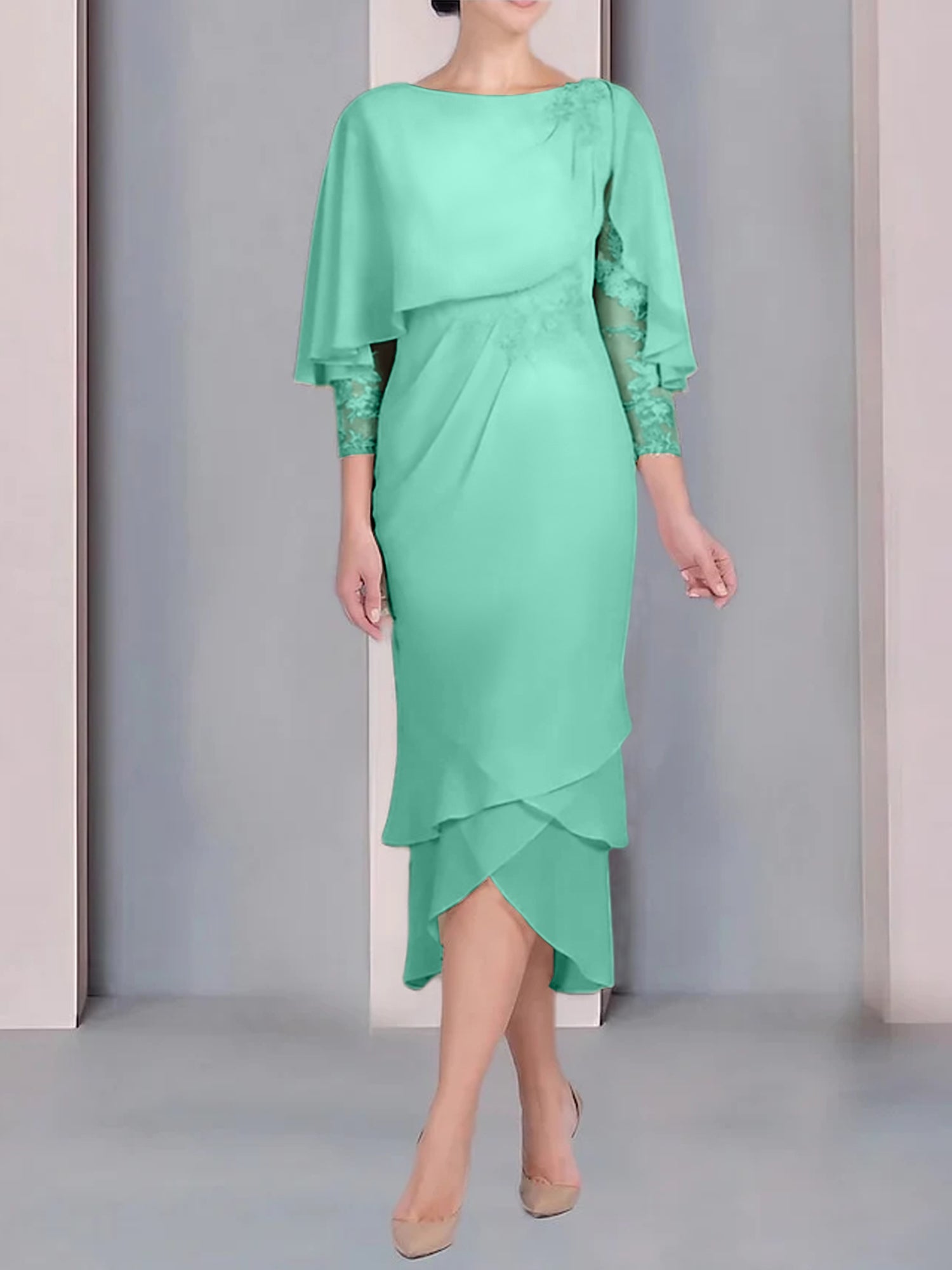 Tea Length Mother of the Bride Dress with Scoop Neck Short Sleeves and Appliqued Lace
