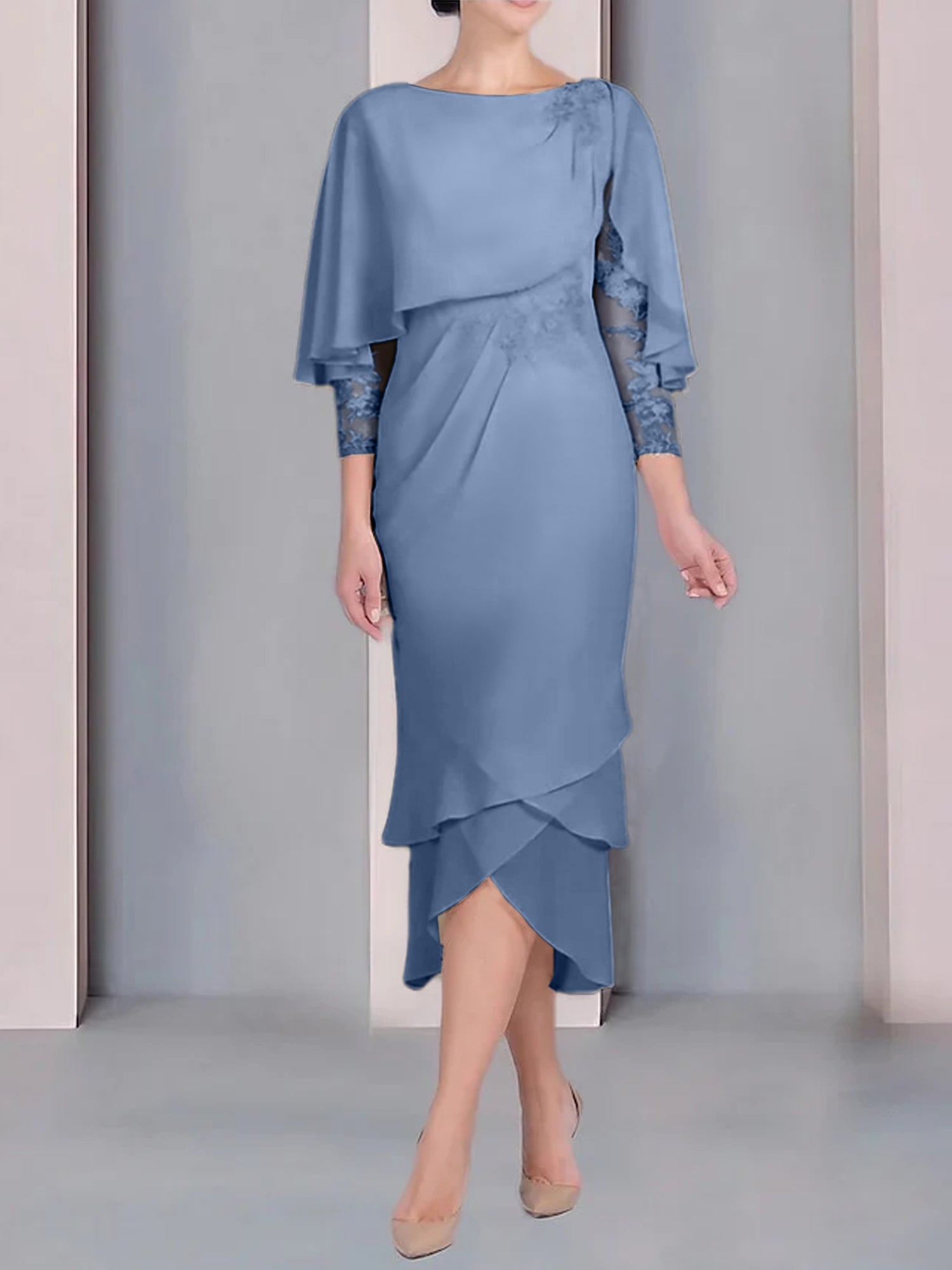 Tea Length Mother of the Bride Dress with Scoop Neck Short Sleeves and Appliqued Lace