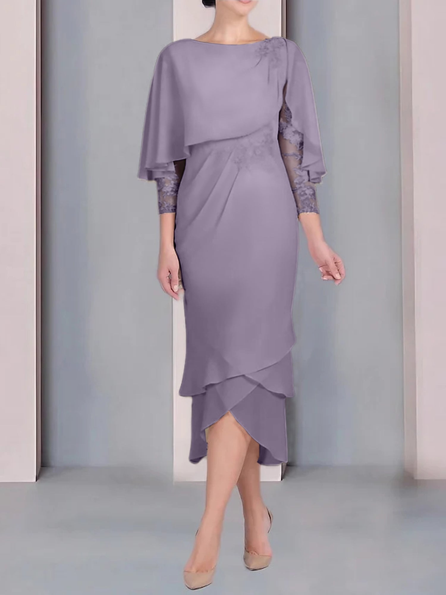Tea Length Mother of the Bride Dress with Scoop Neck Short Sleeves and Appliqued Lace