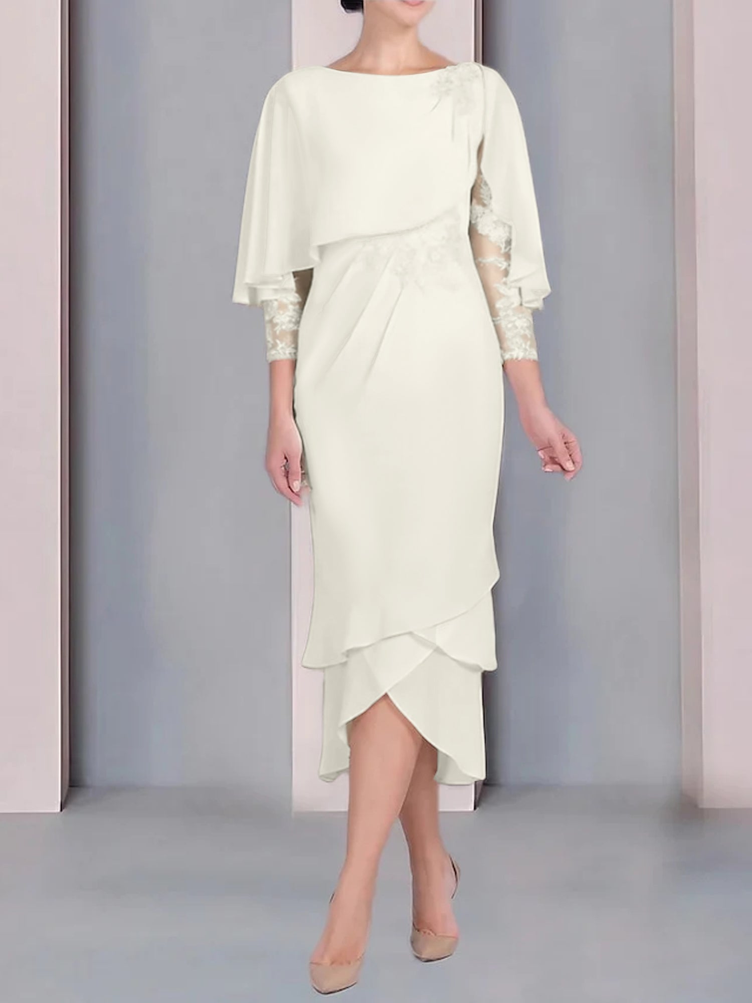 Tea Length Mother of the Bride Dress with Scoop Neck Short Sleeves and Appliqued Lace