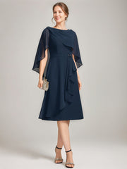 Tea Length Mother of the Bride Sheath Dress with Detachable Beaded Cape and Ruffles