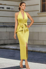 Tea Length Sleeveless Halter Mother of the Bride Dress with Bowknot