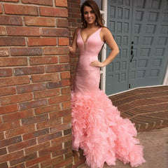 Tiered Sexy Long Mermaid Pink Sleeveless Evening Dresses