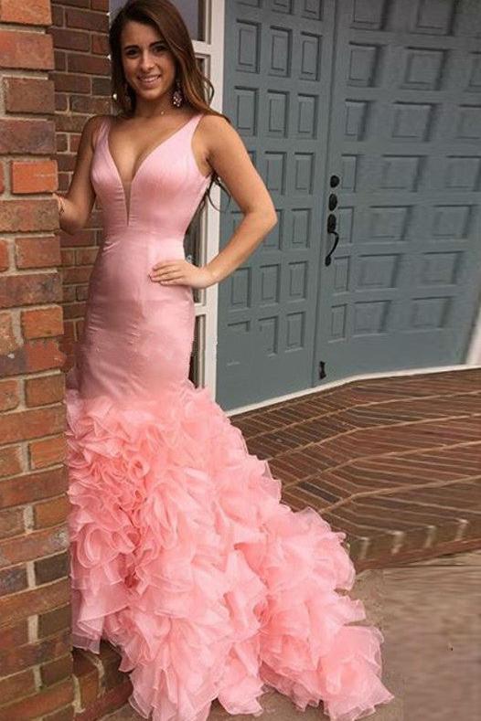 Tiered Sexy Long Mermaid Pink Sleeveless Evening Dresses