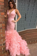 Tiered Sexy Long Mermaid Pink Sleeveless Evening Dresses