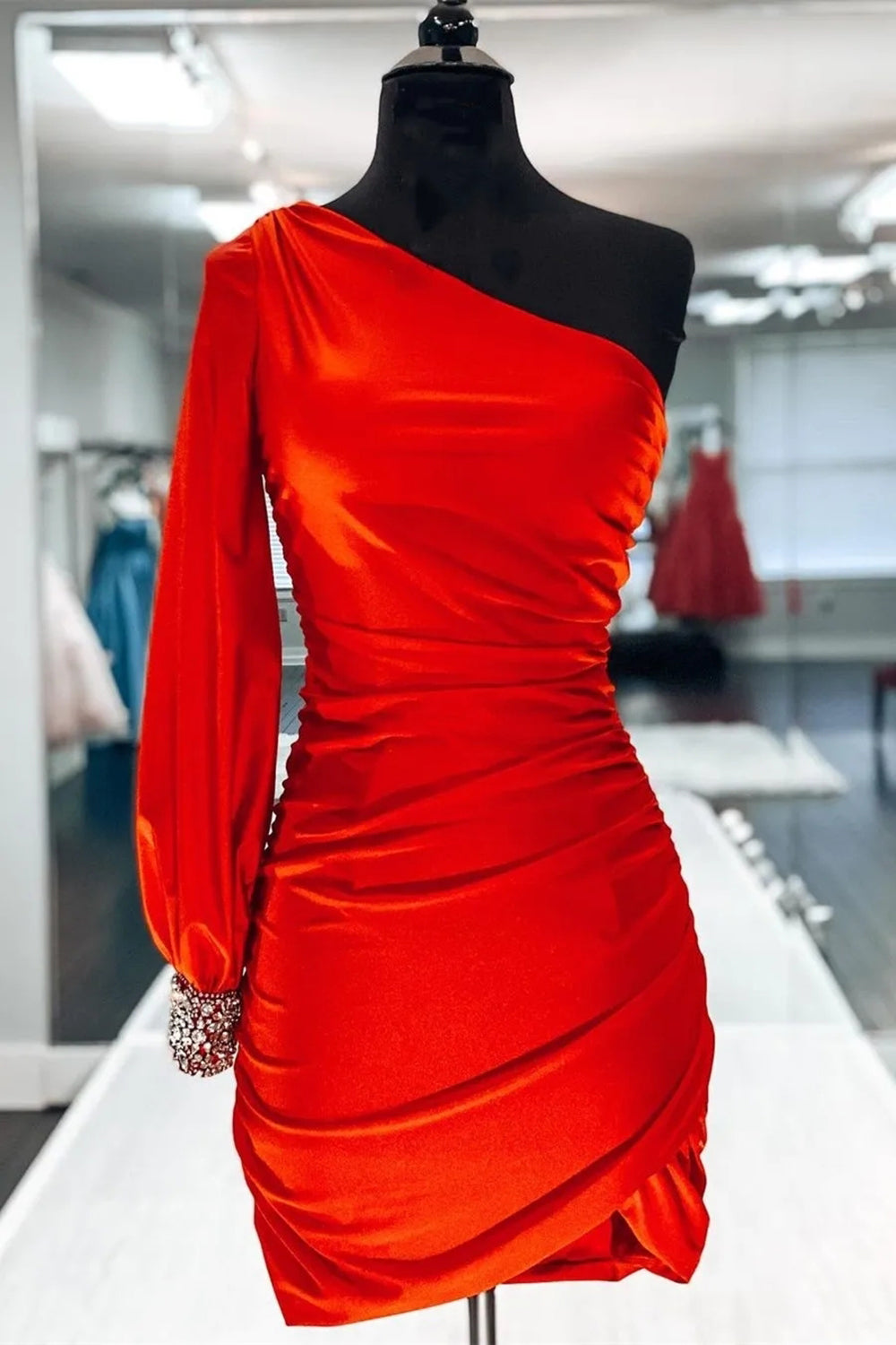 Tight Fuchsia Homecoming Dresses Ruched Prom Dress with Sleeves