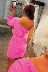 Tight Fuchsia Homecoming Dresses Ruched Prom Dress with Sleeves