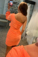 Tight Fuchsia Homecoming Dresses Ruched Prom Dress with Sleeves