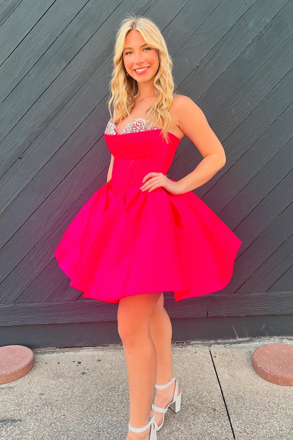 Trendy Fuchsia Homecoming Dresses Corset A Line Strapless Short Cocktail Dresses with Beadings