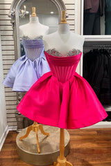 Trendy Fuchsia Homecoming Dresses Corset A Line Strapless Short Cocktail Dresses with Beadings