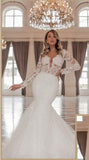 Trendy Long Sleeves V-Neck Mermaid Bridal Gowns with Chapel Train