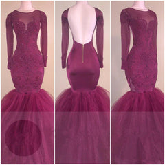 Tulle Backless Appliques Elegant Long-Sleeves Mermaid Prom Dress