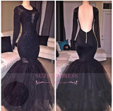 Tulle Backless Appliques Elegant Long-Sleeves Mermaid Prom Dress