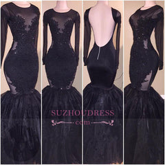 Tulle Backless Appliques Elegant Long-Sleeves Mermaid Prom Dress