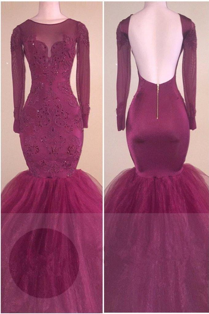 Tulle Backless Appliques Elegant Long-Sleeves Mermaid Prom Dress