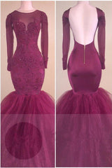 Tulle Backless Appliques Elegant Long-Sleeves Mermaid Prom Dress