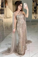 Tulle Halter Appliques Mermaid Long Evening Formal Dress With Beading