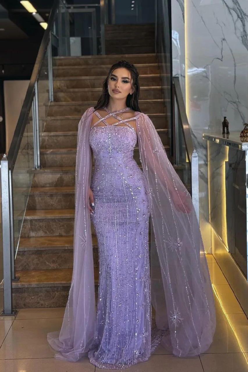 Tulle Halter Appliques Mermaid Long Evening Formal Dress With Beading