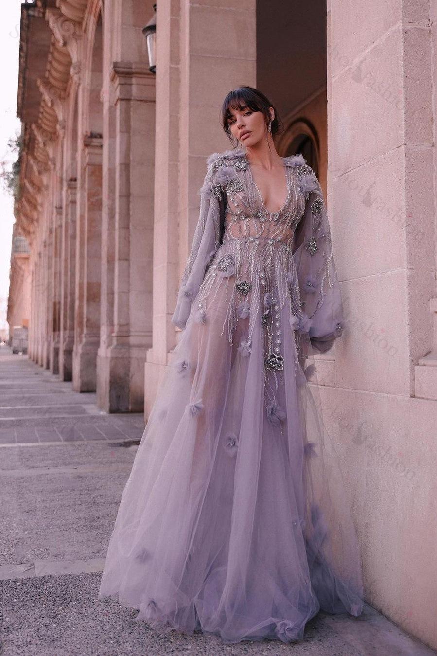 Tulle Long Sleeves Deep V Neck Beadings Long Evening Formal Dress With Appliques