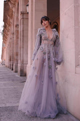 Tulle Long Sleeves Deep V Neck Beadings Long Evening Formal Dress With Appliques