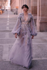 Tulle Long Sleeves Deep V Neck Beadings Long Evening Formal Dress With Appliques