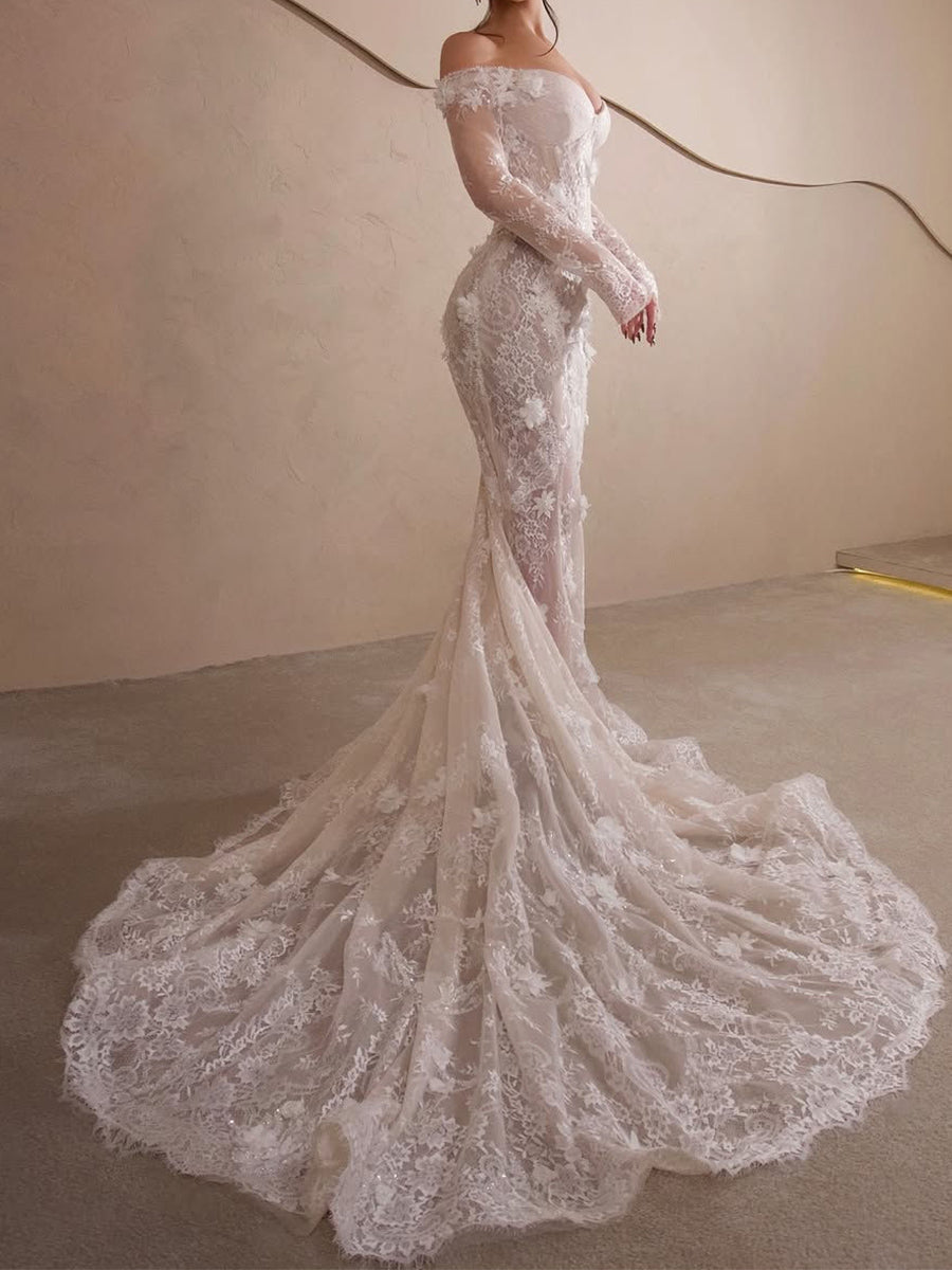 Tulle Mermaid Wedding Dress with Off-the-Shoulder Long Sleeves and Beading