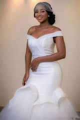 Tulle Mermaid White Glamorous Beads Sweep-Train Lace-up Off-the-shoulder Wedding Dress