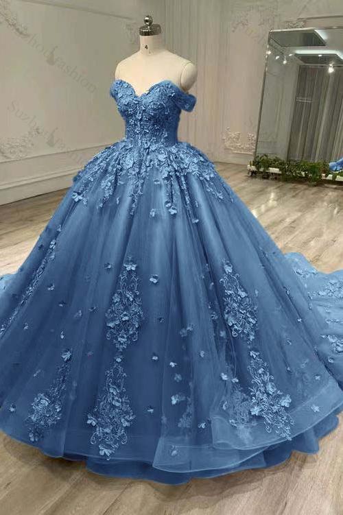 Tulle Sleeveless Off the Shoulder Long Evening Formal Dress With Appliques