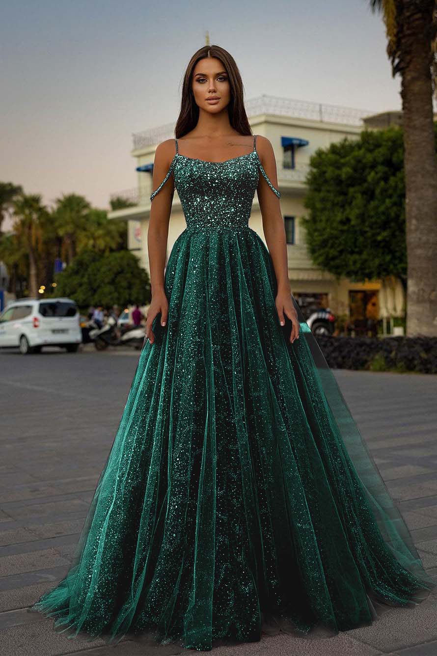 Tulle Spaghetti Strap Sleeveless A Line Long Evening Formal Dress With Sequined Beads