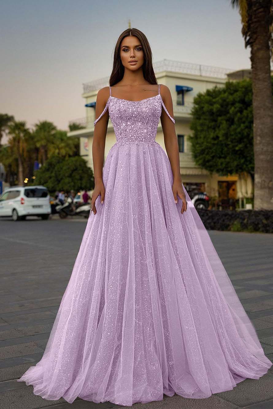 Tulle Spaghetti Strap Sleeveless A Line Long Evening Formal Dress With Sequined Beads